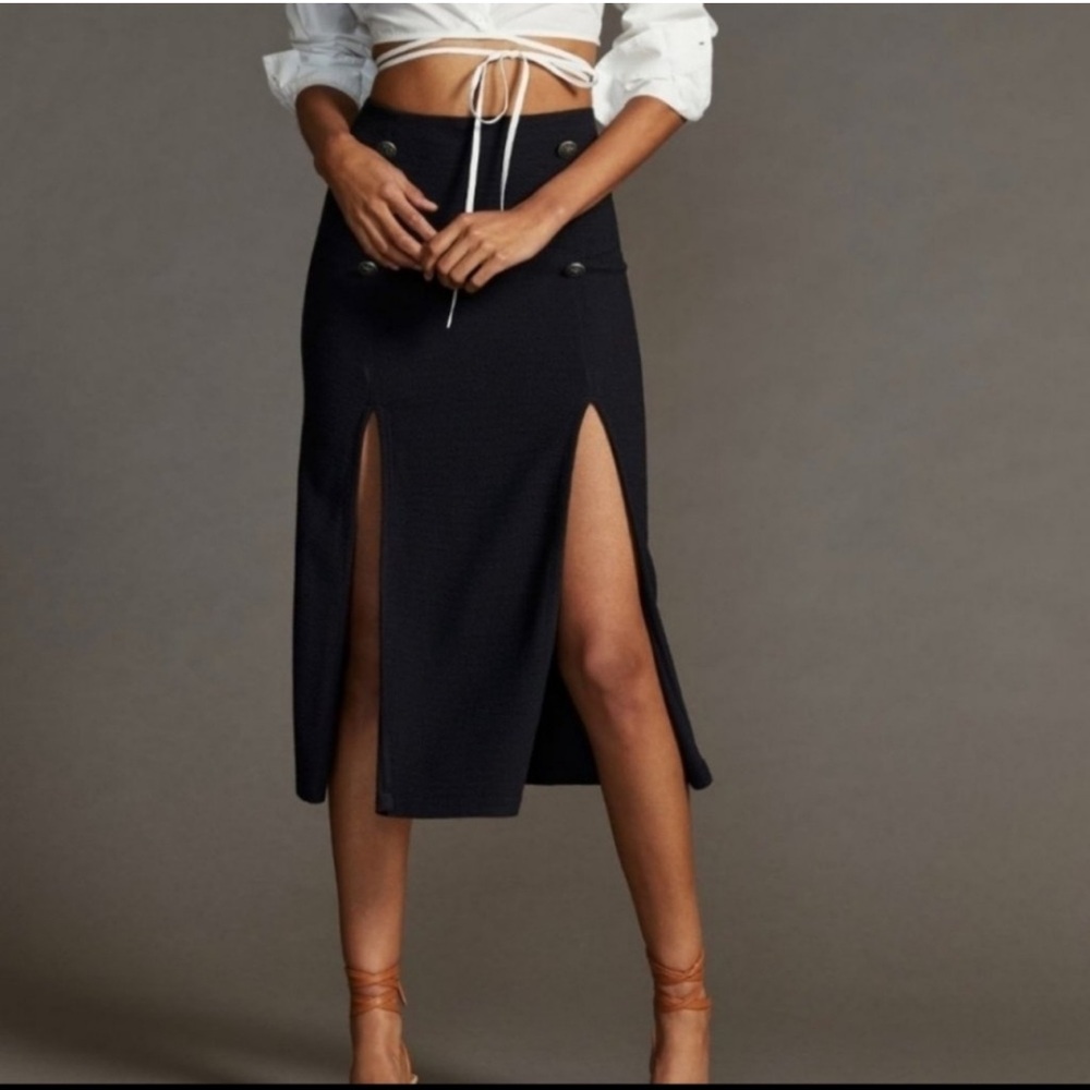 Anthropologie Maeve Navy Blue Dual Split Button Midi Skirt